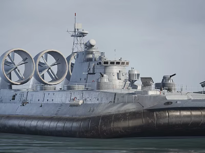 Military Hovercraft With Large Rotating Fans Radar System And Cannons On Water 3d model