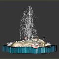 White Tree Sculpture On Transparent Blue Platform With Colorful Decor Elements