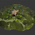 Cartoon Scene with Red White Fish Lily Pads and Blue Aquatic Plants in Transparent Hemisphere