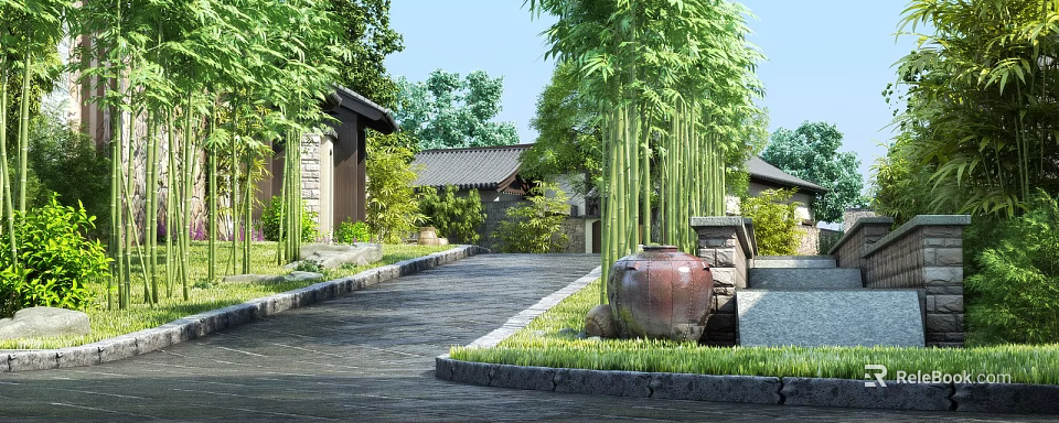 Traditional Chinese Garden Landscape with Tall Bamboo Stone Path Buildings and Clay Urn 3d model 