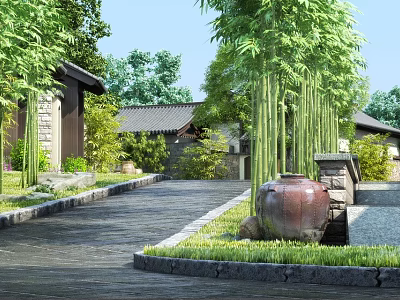 Traditional Chinese Garden Landscape with Tall Bamboo Stone Path Buildings and Clay Urn 3d model