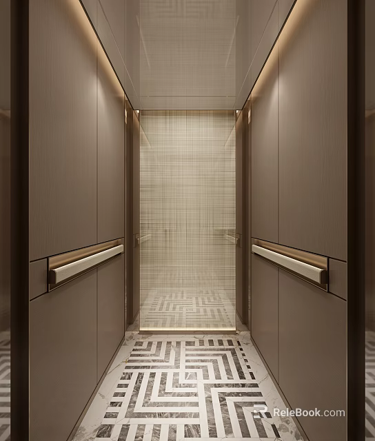 Modern Elevator Corridor Interior With Textured Wall And Geometric Floor 3d model
