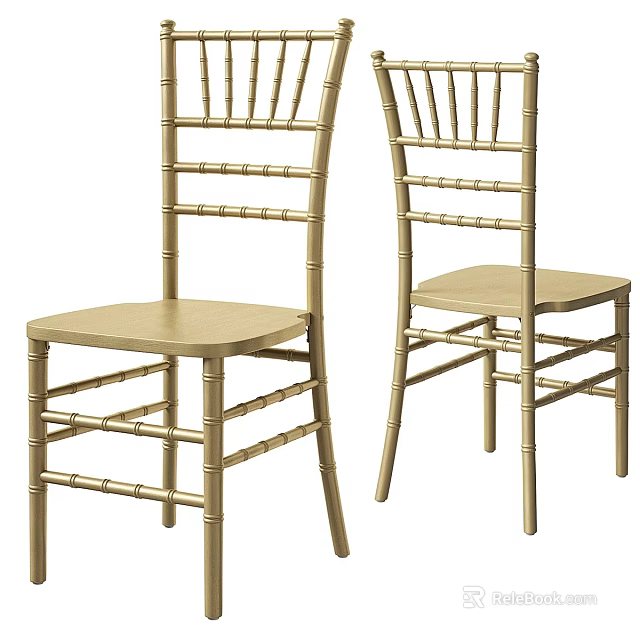 Golden Bamboo Style Single Chair With Wooden Seat And Vertical Backrest 3d model 