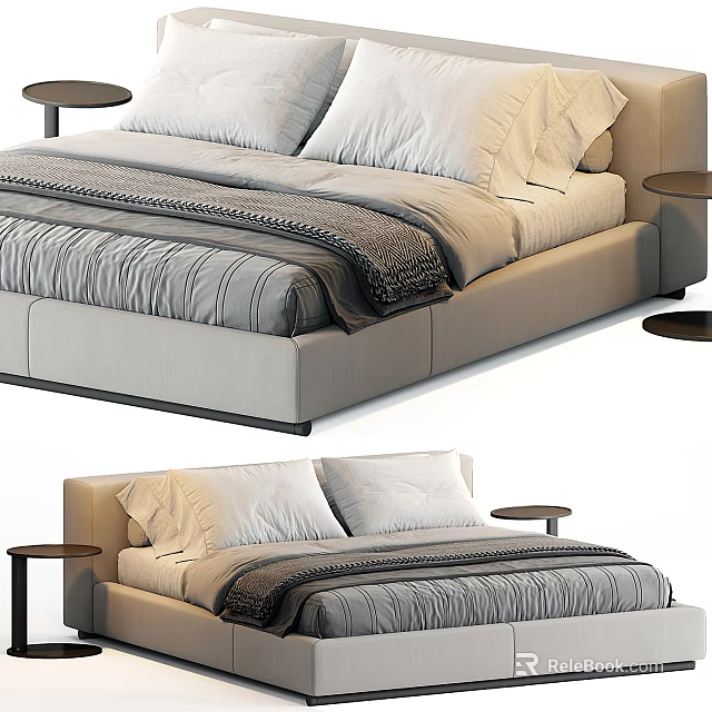 Modern Upholstered Double Bed With White Pillows Gray Blanket And Side Tables 3d model 