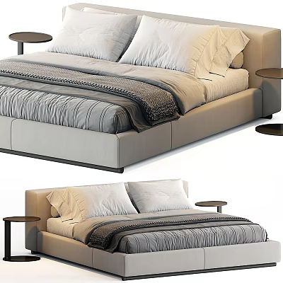 Modern Upholstered Double Bed With White Pillows Gray Blanket And Side Tables 3d model