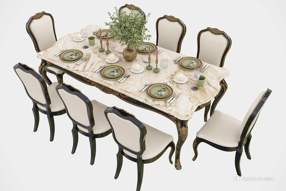 Elegant Dining Table Set With Marble Top Six Carved Chairs And Tabletop Decorations 3d model 