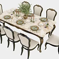 Elegant Dining Table Set With Marble Top Six Carved Chairs And Tabletop Decorations 3d model