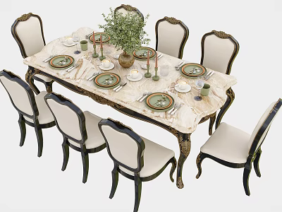Elegant Dining Table Set With Marble Top Six Carved Chairs And Tabletop Decorations 3d model