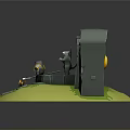 Man holding sword standing near campfire by arch stone gate with eagle sculpture and fountain