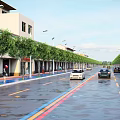Scenic Commercial Street With Trees Buildings Pedestrians And Car On Colorful Road Lanes