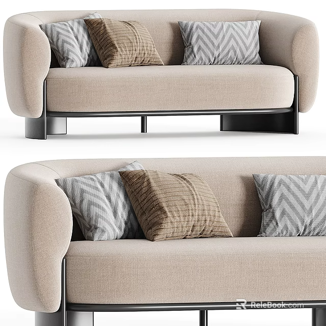 Modern Beige Sectional Sofa with Gray and Brown Patterned Pillows and Black Metal Legs 3d model 