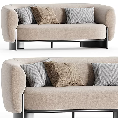 Modern Beige Sectional Sofa with Gray and Brown Patterned Pillows and Black Metal Legs 3d model