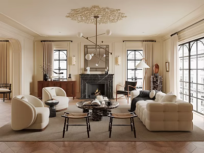 Elegant Living Room Interior With Fireplace Chandelier Plush Sofa And Wooden Coffee Table 3d model