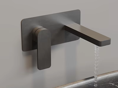 Modern Matte Black Wall Mounted Faucet With Water Flowing Into Sink 3d model