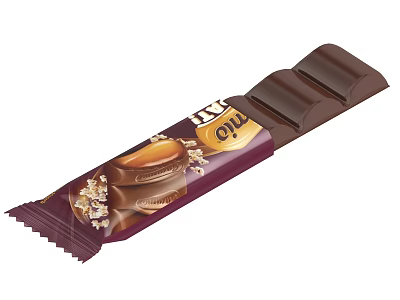 Trio Chocolate Bar Segmented with Caramel Filling Popcorn and Cookie Bits in Purple Wrapper 3d model