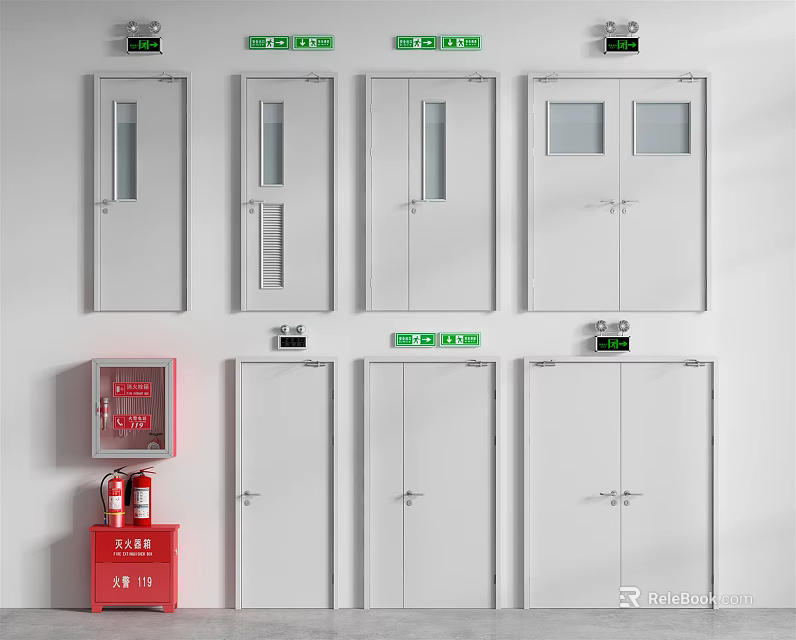 Fire Doors And Fire Extinguisher Cabinet With Green Safety Signs Arrangement 3d model 