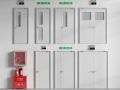 Fire Doors And Fire Extinguisher Cabinet With Green Safety Signs Arrangement 3d model