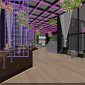 Modern Bar Interior With Purple Lighting Hanging Plants Glass Walls And Open Layout