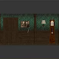 Vintage Interior Scene With Green Walls Wooden Door Red Patterned Carpet Grandfather Clock Table Lamp