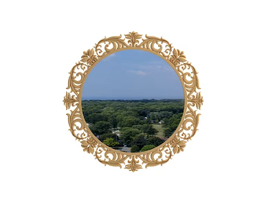 Ornate Gold Framed Round Mirror Reflecting Green Forest and Blue Sky 3d model