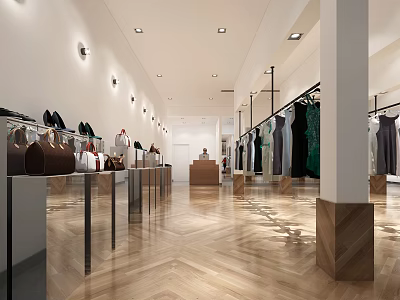 Clothing Store Interior With Displayed Clothes Bags Shoes Wooden Floor And Spotlights 3d model