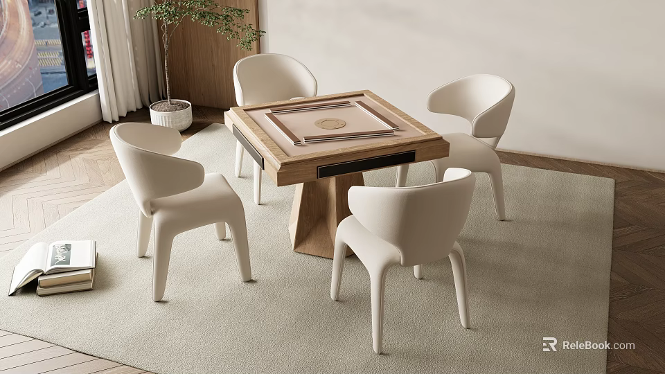 Modern Wooden Entertainment Table With Four White Chairs In Stylish Interior Setting 3d model 