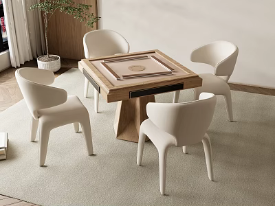 Modern Wooden Entertainment Table With Four White Chairs In Stylish Interior Setting 3d model