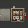 Industrial Metal Control Panel With Open Door Multiple Gauges Control Buttons And Red Lever