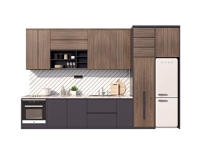 Modern Kitchen With Wooden Upper And Dark Gray Lower Cabinets And White Refrigerator 3d model