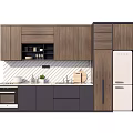 Modern Kitchen With Wooden Upper And Dark Gray Lower Cabinets And White Refrigerator