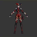 Futuristic Game and Movie Character With Red and Black Costume Jester Hat And Mechanical Armor