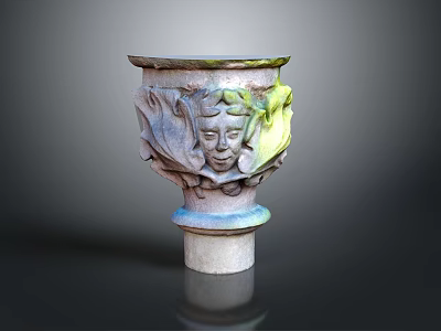 Carved Decorative Vase With Intricate Face Designs And Green Accents On Pedestal Base 3d model