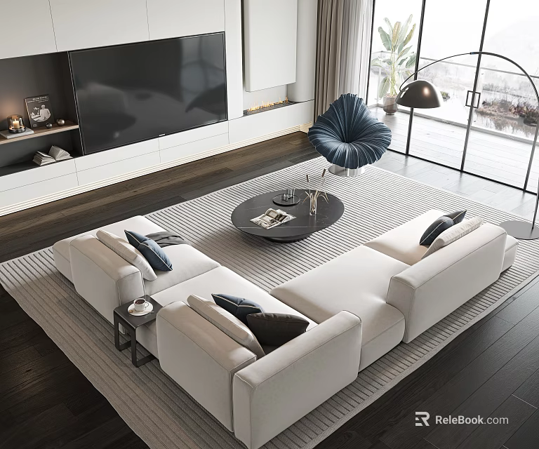 Modern Living Room With White L Shaped Sofa And Round Coffee Table Set 3d model 
