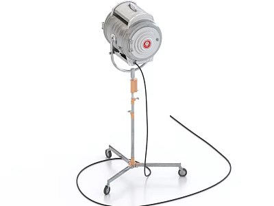 Metallic Industrial Floor Lamp With Tripod Base Wheels Round Head And Red Logo 3d model