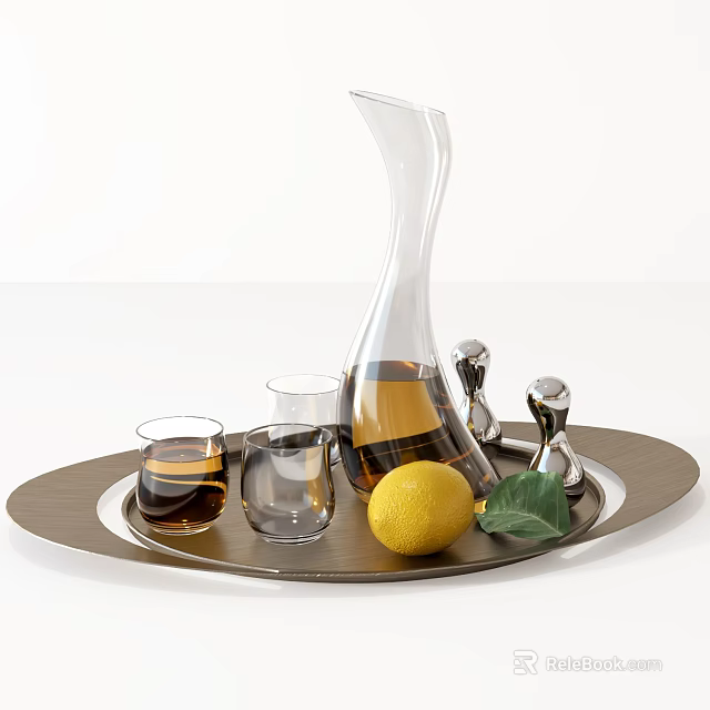 Ceramic Serving Tray With Glass Decanter Drinking Glasses Lemon And Leaf Decor 3d model 