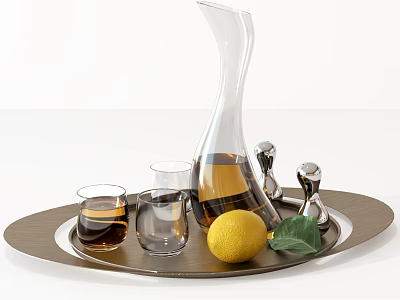 Ceramic Serving Tray With Glass Decanter Drinking Glasses Lemon And Leaf Decor 3d model