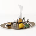 Ceramic Serving Tray With Glass Decanter Drinking Glasses Lemon And Leaf Decor