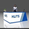 Blue and White Exhibition Reception Desk with NUTS Logo Female Staff Potted Plant Stone Decoration