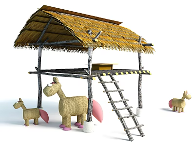Traditional Thatched Roof Hut Structure With Wooden Frame Ladder And Straw Horses 3d model