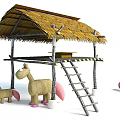 Traditional Thatched Roof Hut Structure With Wooden Frame Ladder And Straw Horses