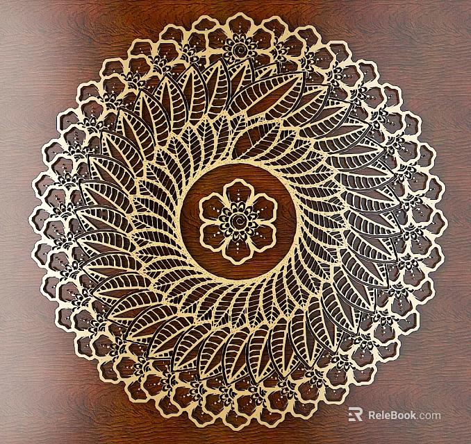 Intricate Circular Wooden Carving With Central Flower And Radial Leaf Patterns 3d model 