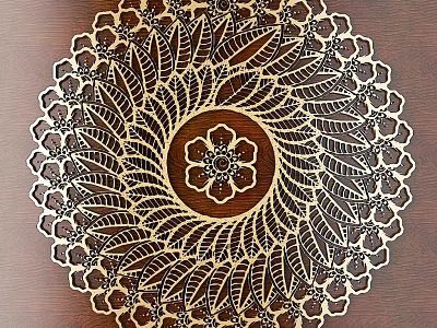 Intricate Circular Wooden Carving With Central Flower And Radial Leaf Patterns 3d model