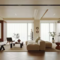 Modern Living Room with Beige Sofa Wooden Floors Venetian Blinds Floor-to-Ceiling Windows TV Wall and Green Plants