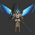Golden Armored Character With Blue Glowing Wings Holding Long Sword And Spear