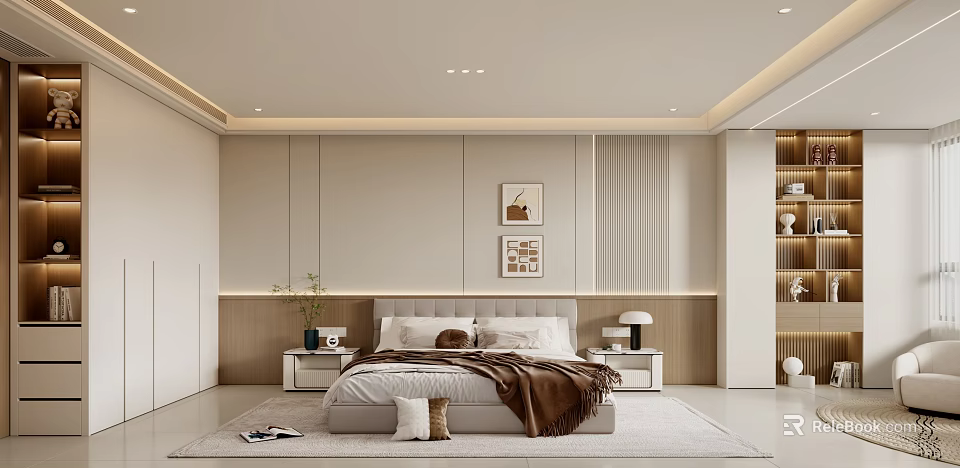 Modern Bedroom Interior With Upholstered Bed Framed Artwork Area Rug And Wooden Panel Walls 3d model 