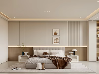 Modern Bedroom Interior With Upholstered Bed Framed Artwork Area Rug And Wooden Panel Walls 3d model