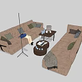 Living Room Brown Sofa and Coffee Table Set with Green Gray Pillows Throw Blanket