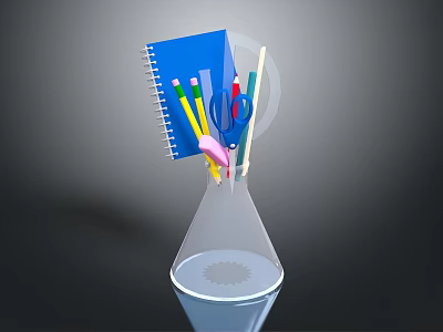 Stationery Organizer Glass Cone Shaped Container Holding Blue Notebook Colored Pencils Scissors And Pencils 3d model