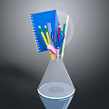Stationery Organizer Glass Cone Shaped Container Holding Blue Notebook Colored Pencils Scissors And Pencils