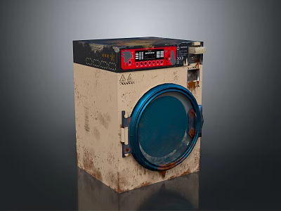 Old Rusty Washing Machine With Red Black Control Panel And Blue Circular Door 3d model